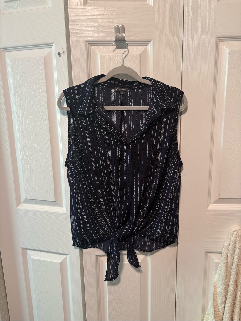 Adrianna Papell Navy and White Striped Tie-Front Sleeveless Blouse